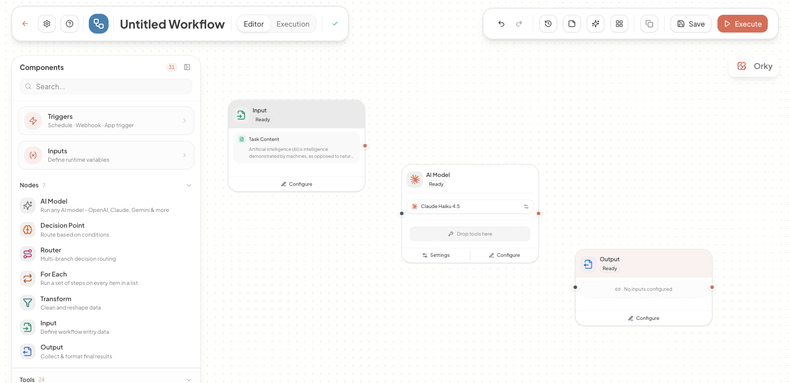 Three nodes placed on the workflow canvas: Input, AI Model, and Output
