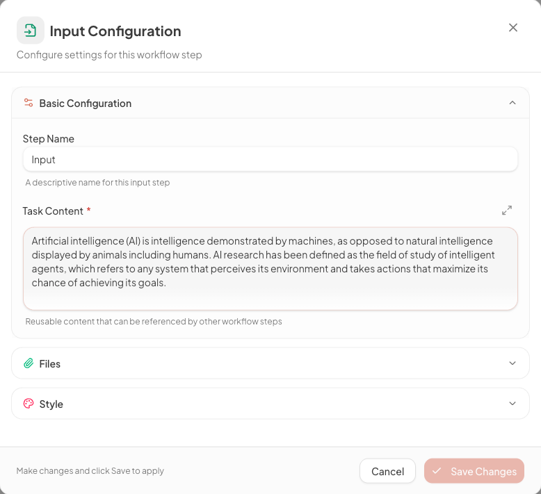 Input node selected with the configuration panel open showing sample text