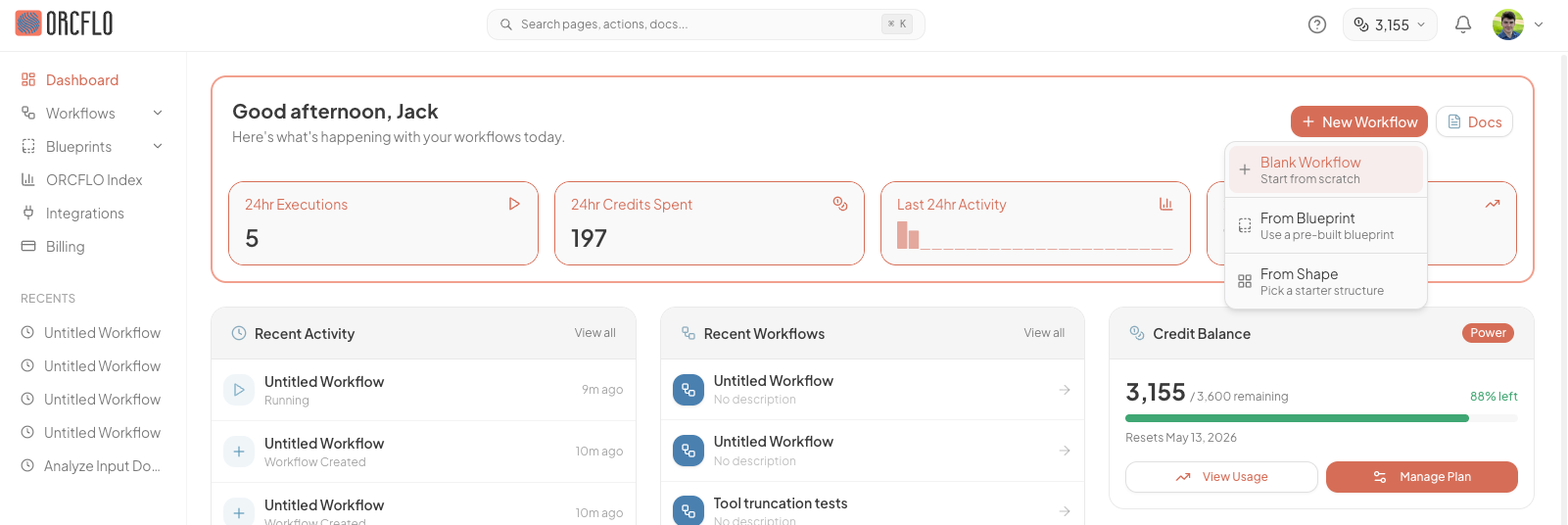 The New Workflow button on the ORCFLO dashboard